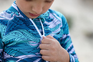 Beach Waves Kid's Rashie - Sunsmart and Sustainable Long Sleeved Kid's Zip Through Rashie