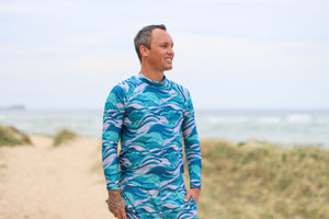 Beach Waves Men's Rashie - Men's Patterned Long Sleeved Sunsmart Sustainable Rashie